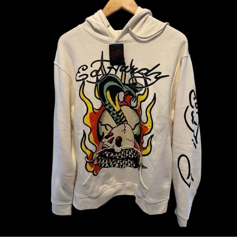 Ed Hardy Cream Graphic Streetwear Grunge Print Hoodie with Snake and Flames